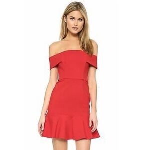Nicholas Mini Dress Size 6 Red Ponte Knit Off The Shoulder Ruffled Flounce Hem
